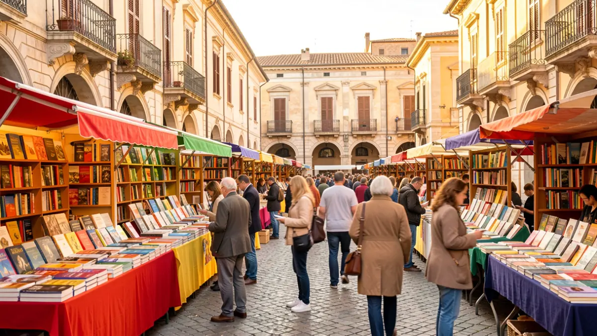 Imagen genérica de una feria del libro en una plaza mediterránea con puestos de libros y gente paseando.