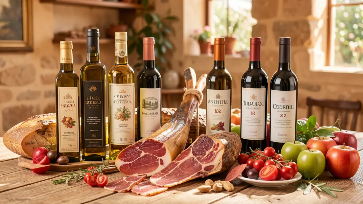 Imagen genérica de una selección de productos agroalimentarios de alta calidad de Andalucía, como botellas de aceite de oliva, jamones curados, vinos y frutas frescas, dispuestos sobre una mesa de madera rústica.