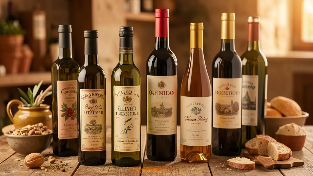 Generic image of a selection of quality agri-food products, such as bottles of oil and wine, attractively presented.