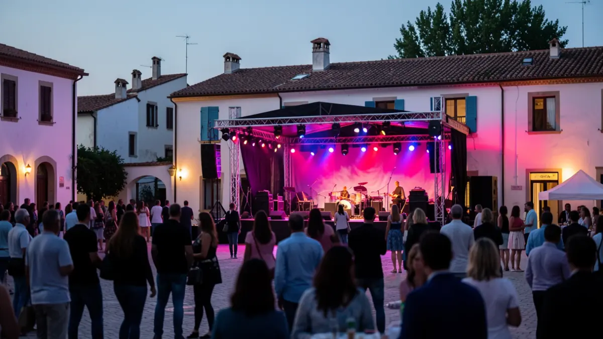 Imagen genérica de un escenario al aire libre en una plaza durante el atardecer, con luces festivas y público difuminado.