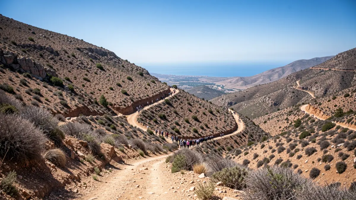 Generic image of a dry mountainous landscape with trails and sea views.