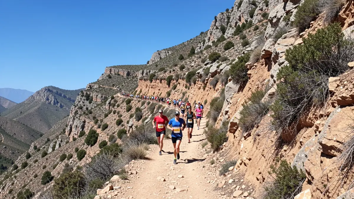 Sendero de montaña escarpado en Andalucía, España, con terreno accidentado y vegetación escasa bajo un cielo azul claro.
