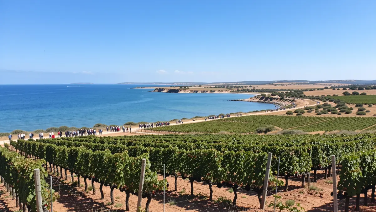 Paisaje de la costa de Doñana con viñedos en primer plano.
