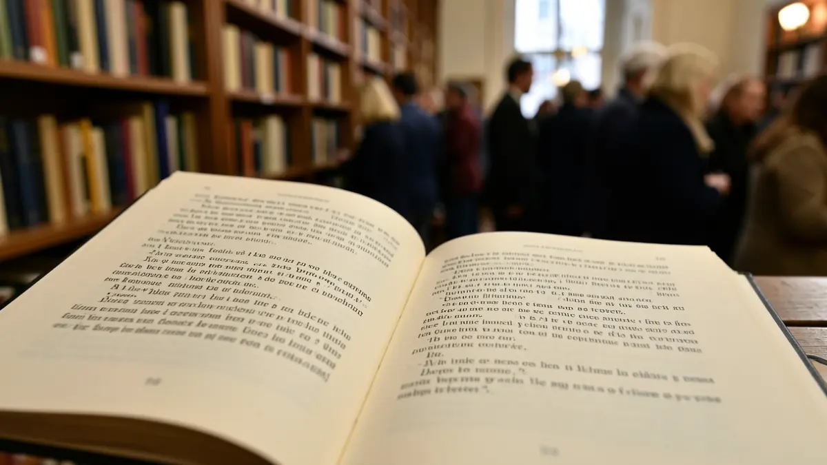 Primer plano de un libro abierto con versos poéticos, rodeado de estanterías de libros desenfocadas.