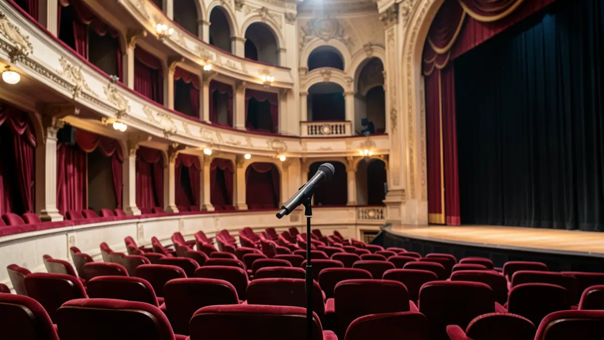 Imagen genérica del interior de un teatro con un escenario iluminado y un micrófono.