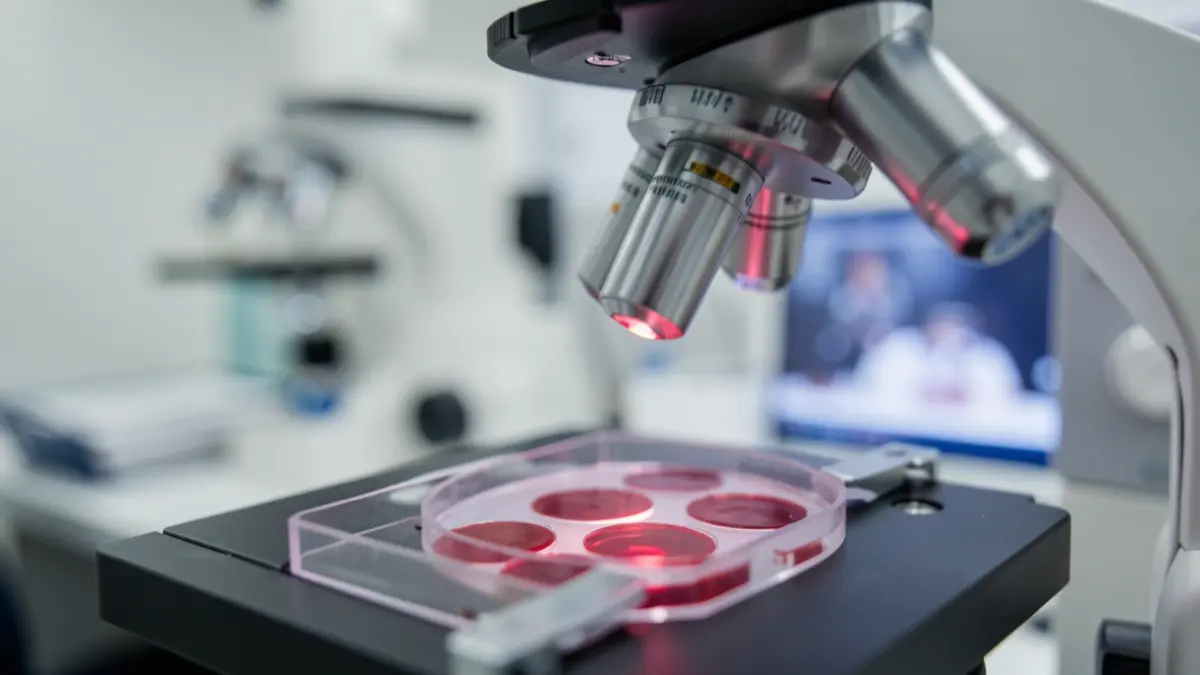 Microscope analyzing a blood sample.