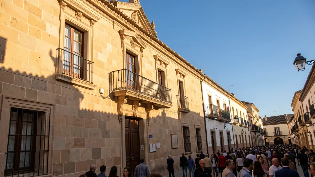 Facade of a traditional Andalusian town hall with a balcony and iron railings, under the warm afternoon sunlight.