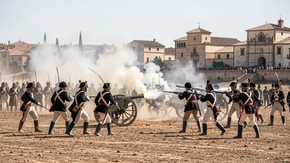 Reenactment of the Battle of Bailén with Spanish soldiers and Napoleonic troops in Andalusia.
