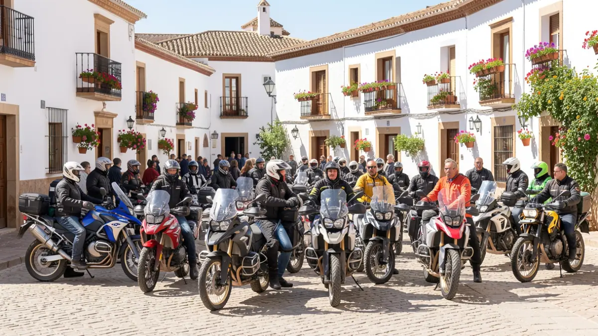 Generic image of a group of motorcyclists gathered in an Andalusian town square.