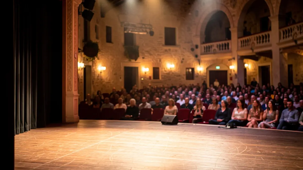 Imagen genérica de un escenario de teatro con luces cálidas y público difuminado al fondo.