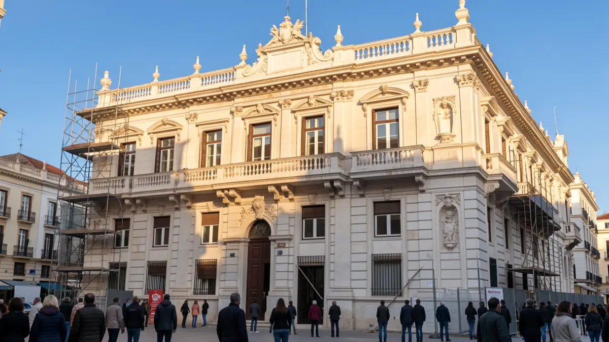 Facade of the University of Almería building on Paseo de Almería, undergoing renovation.