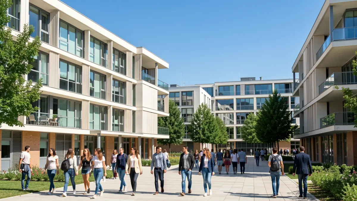 Imagen genérica de edificios universitarios con arquitectura moderna bajo un cielo azul y sol brillante.