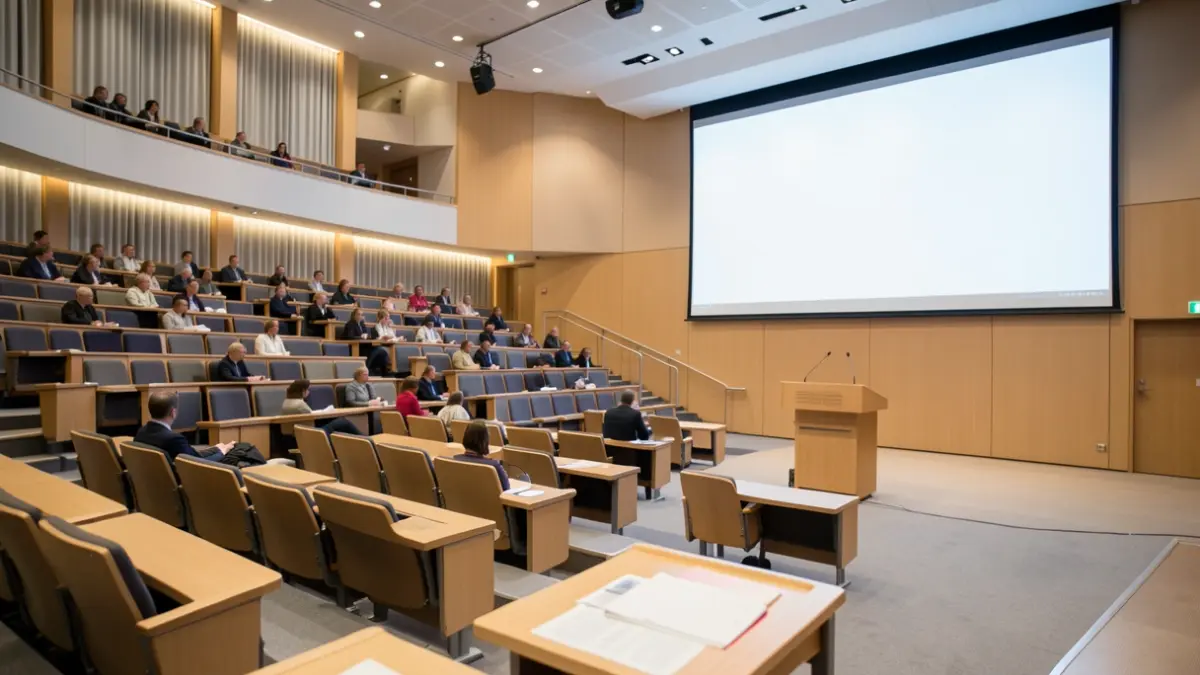 Generic image of a modern university lecture hall with seating and a podium.