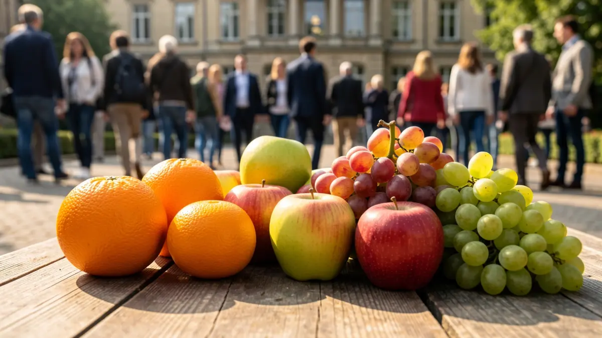 Primer plano de frutas frescas variadas dispuestas sobre una mesa de madera rústica, con luz solar cálida y un fondo desenfocado de un edificio universitario.