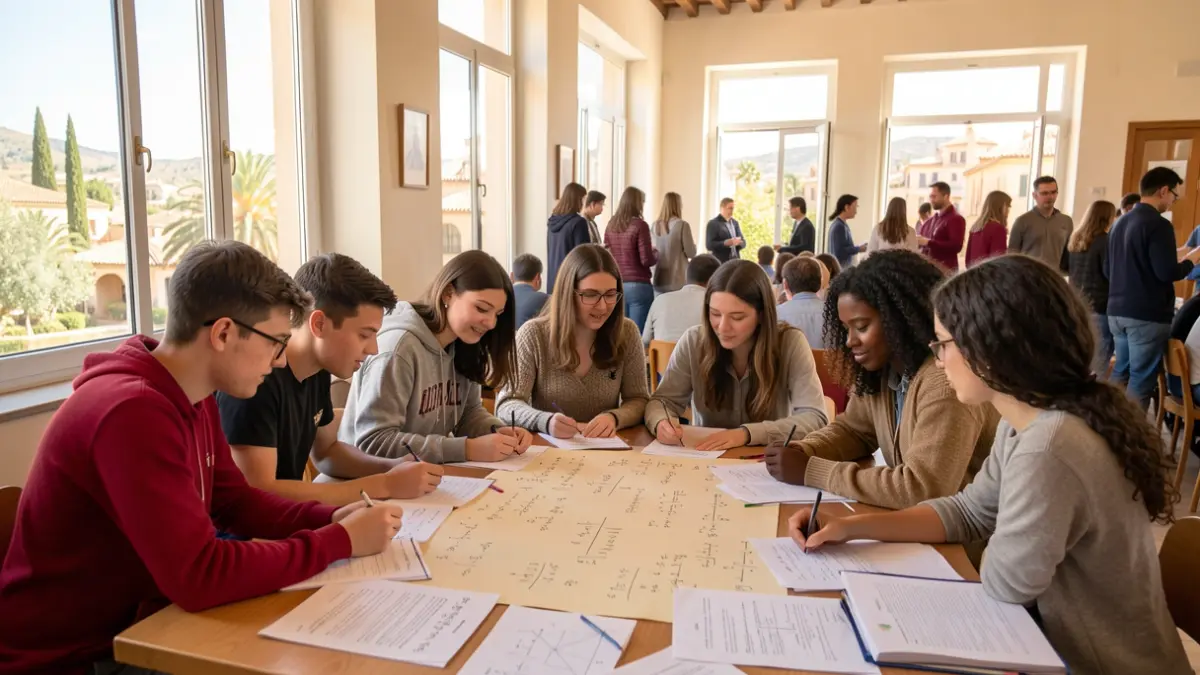 Imagen genérica de estudiantes universitarios trabajando en problemas matemáticos en un aula luminosa.