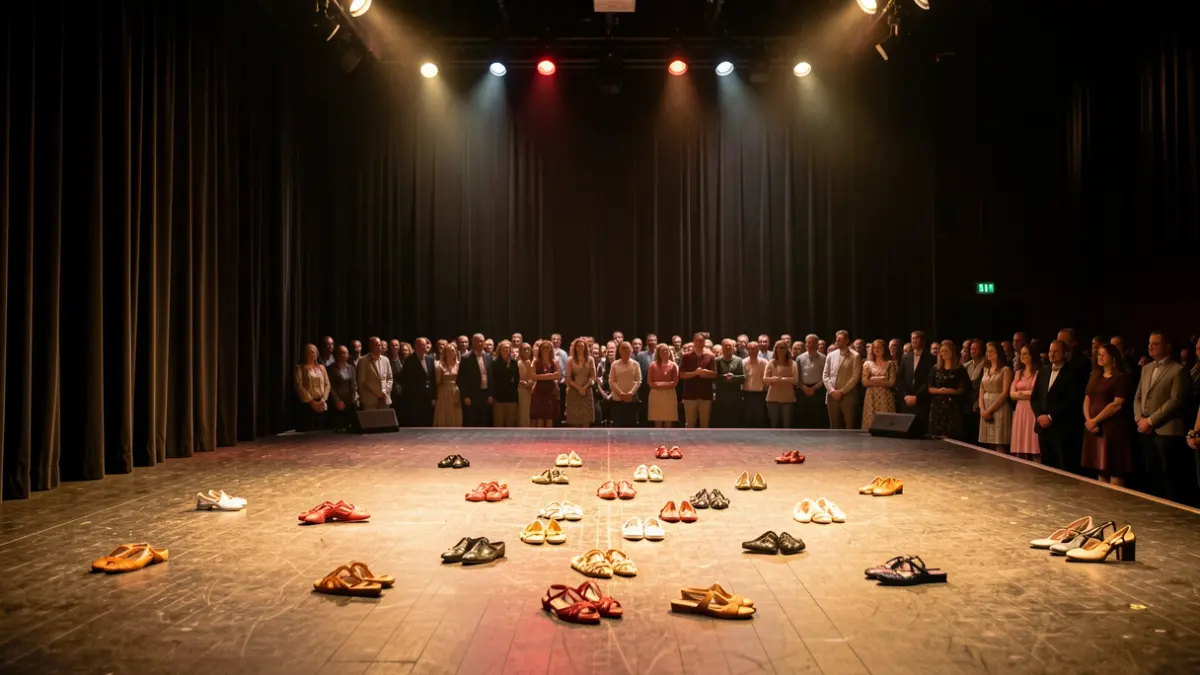 Generic image of an empty theater stage with scattered dance shoes on the floor, warm ambient lighting, and dark curtains in the background.