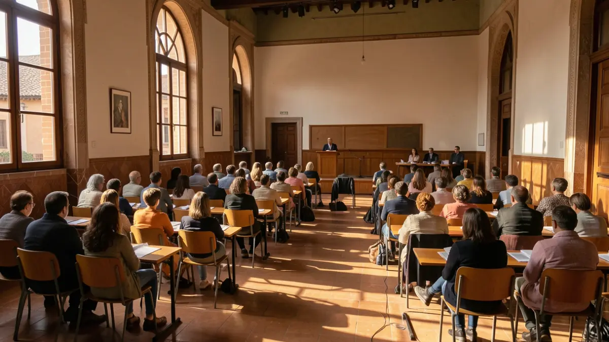 Imagen genérica de un aula universitaria vacía con sillas y un atril, luz de tarde.