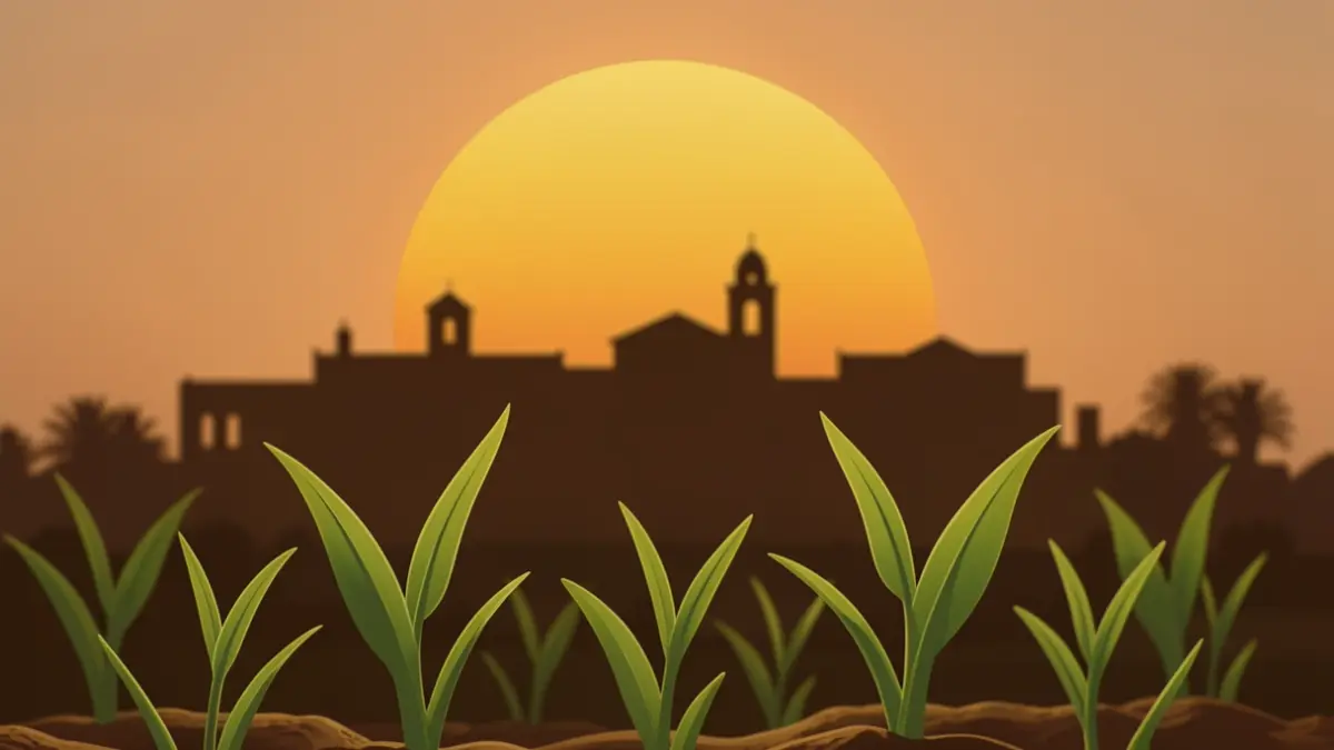 Generic image of a symbolic sunset over a university campus silhouette, with green shoots emerging from the ground.