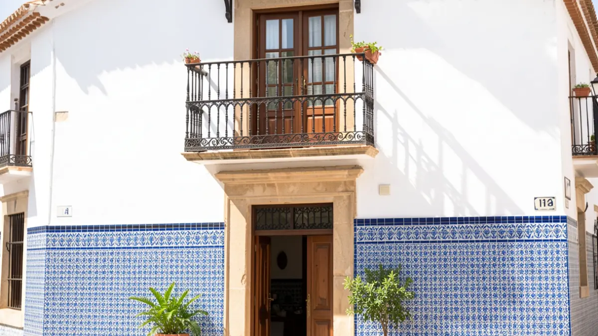 Imagen genérica de la fachada de un ayuntamiento andaluz con azulejos y balcón, bajo un sol brillante.