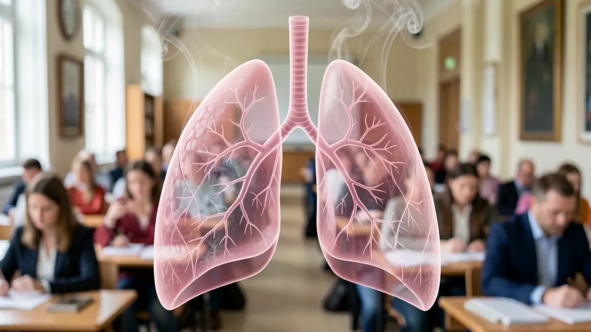 Generic image of a stylized lung with smoke tendrils inside, against a blurred background of a university lecture hall.