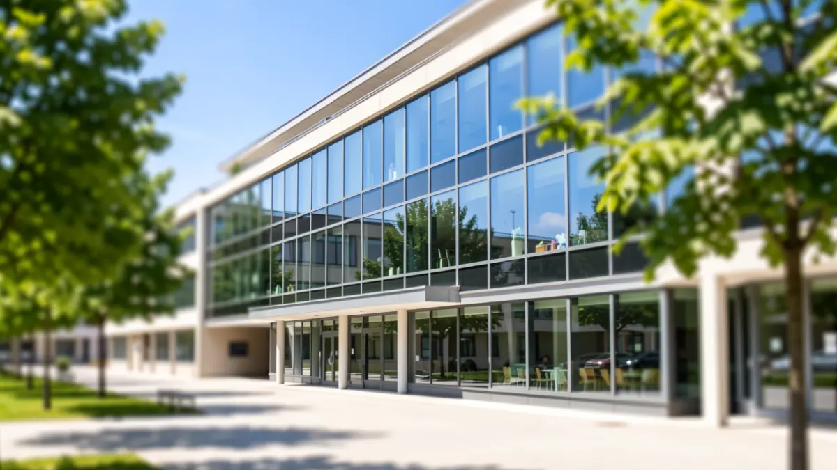 Generic image of the facade of a modern university building with a blue sky and trees in the foreground.