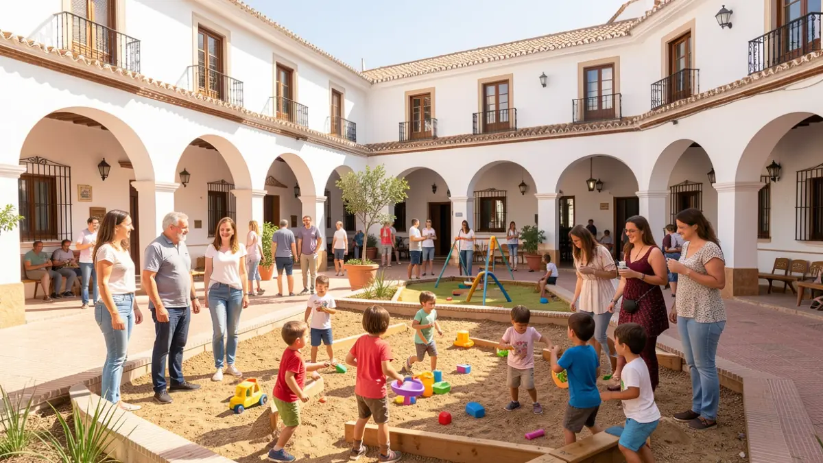 Imagen genérica de un patio universitario en Almería con niños jugando y adultos supervisando.