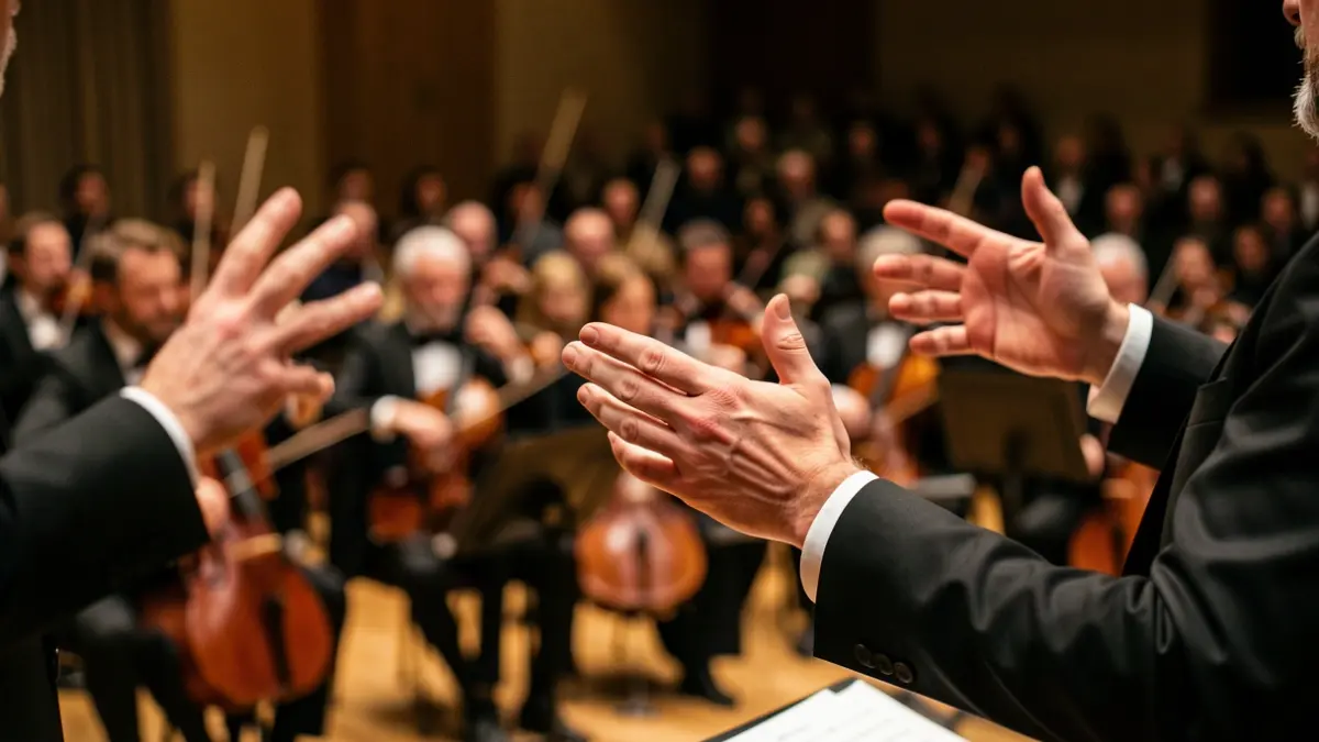 Manos de un director de orquesta dirigiendo en un escenario con luces cálidas.