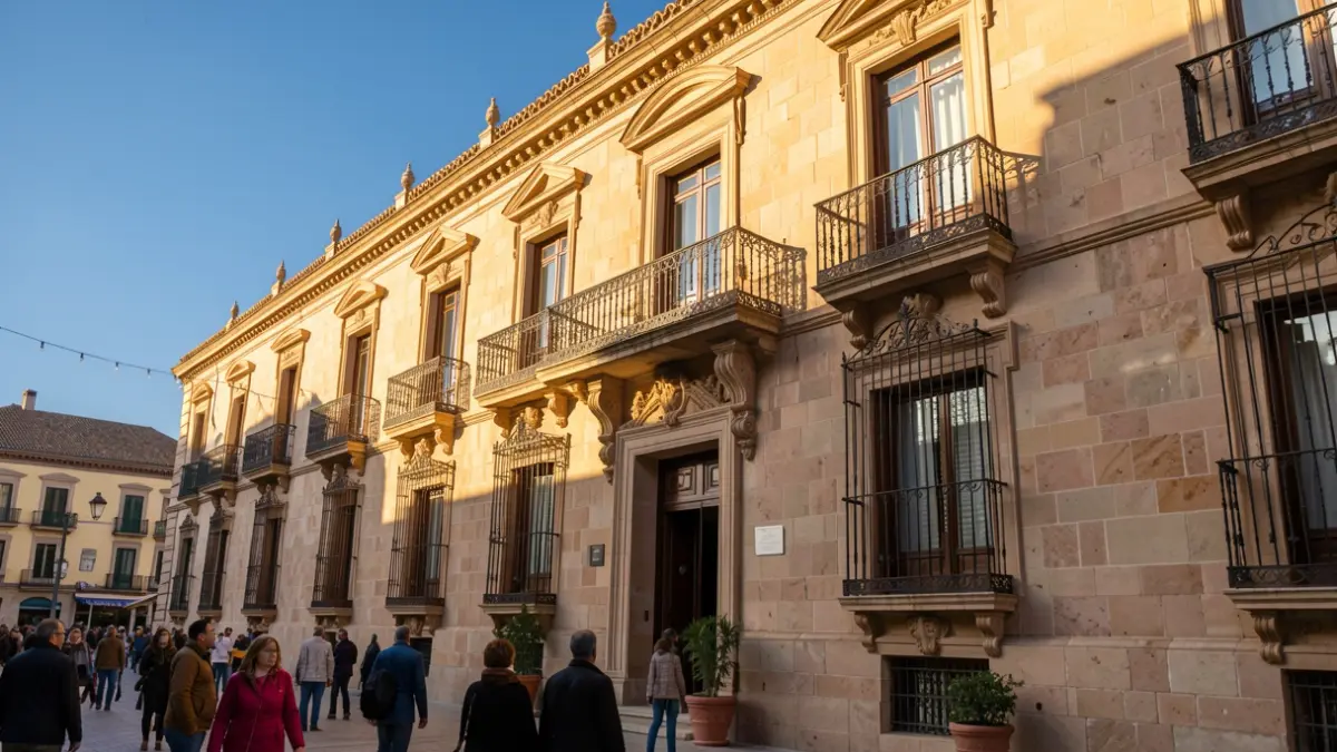Facade of the Malaga City Hall with balcony and iron railings, warm afternoon light, blue sky, Andalusian architecture.