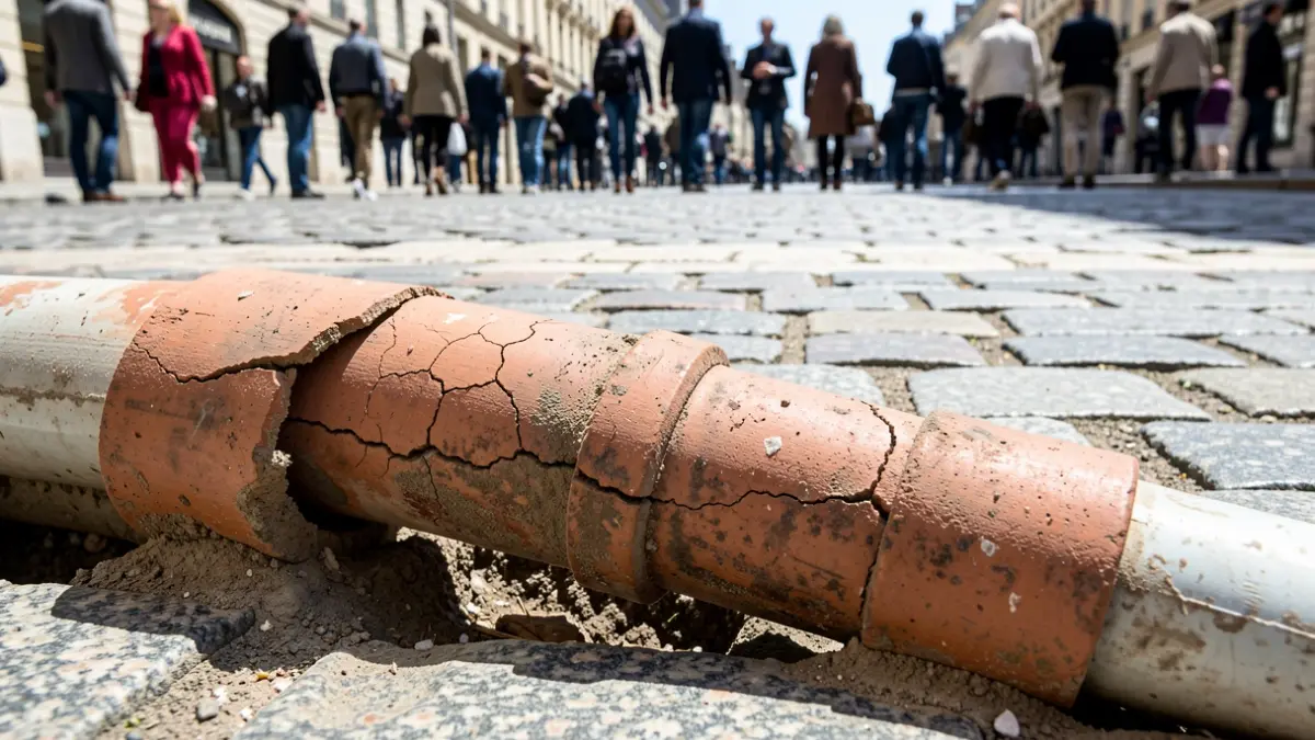 Generic image of old, broken water pipes under granite cobblestones and limestone pavement.