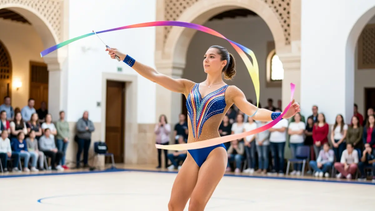 Olympic gymnast Lourdes Mohedano demonstrating rhythmic gymnastics at the IES Alhendín.