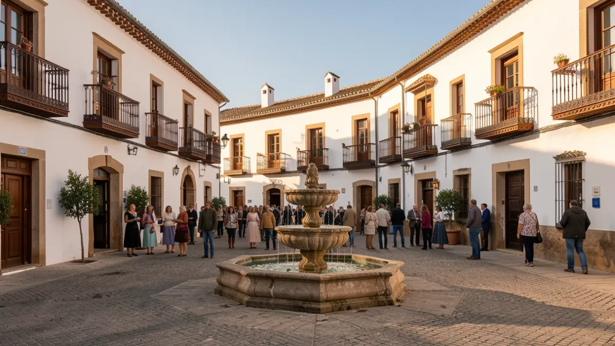 Imagen genérica de una plaza andaluza con edificios blancos y una fuente, bajo la luz del sol de la tarde.