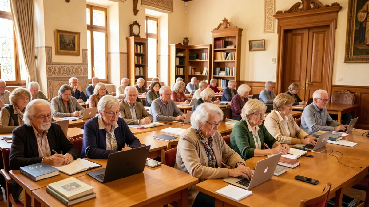 Imagen genérica de un aula universitaria con personas mayores participando activamente.
