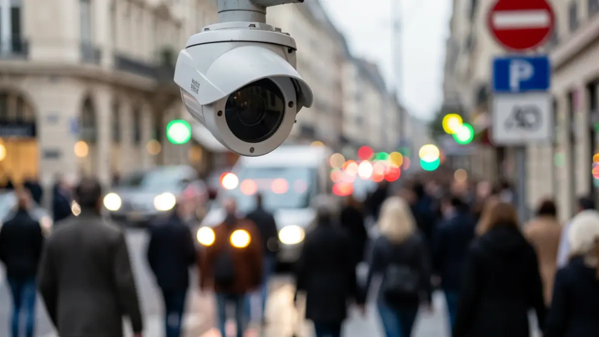 Close-up of an urban traffic camera with blurred city lights in the background.