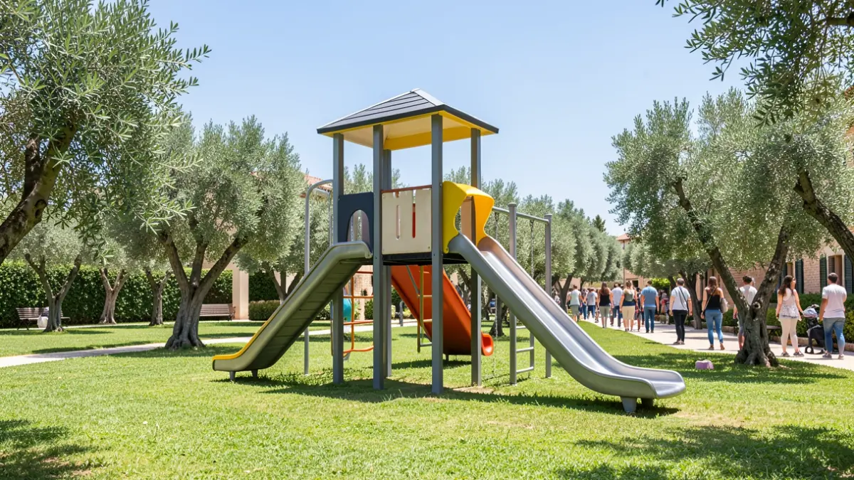 Imagen genérica de un parque infantil con estructuras de juego en un entorno urbano.