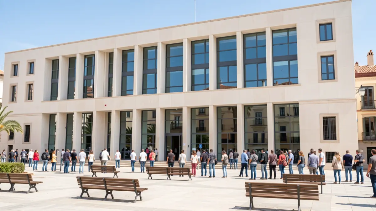 Facade of a modern town hall in Andalusia with intense sunlight.