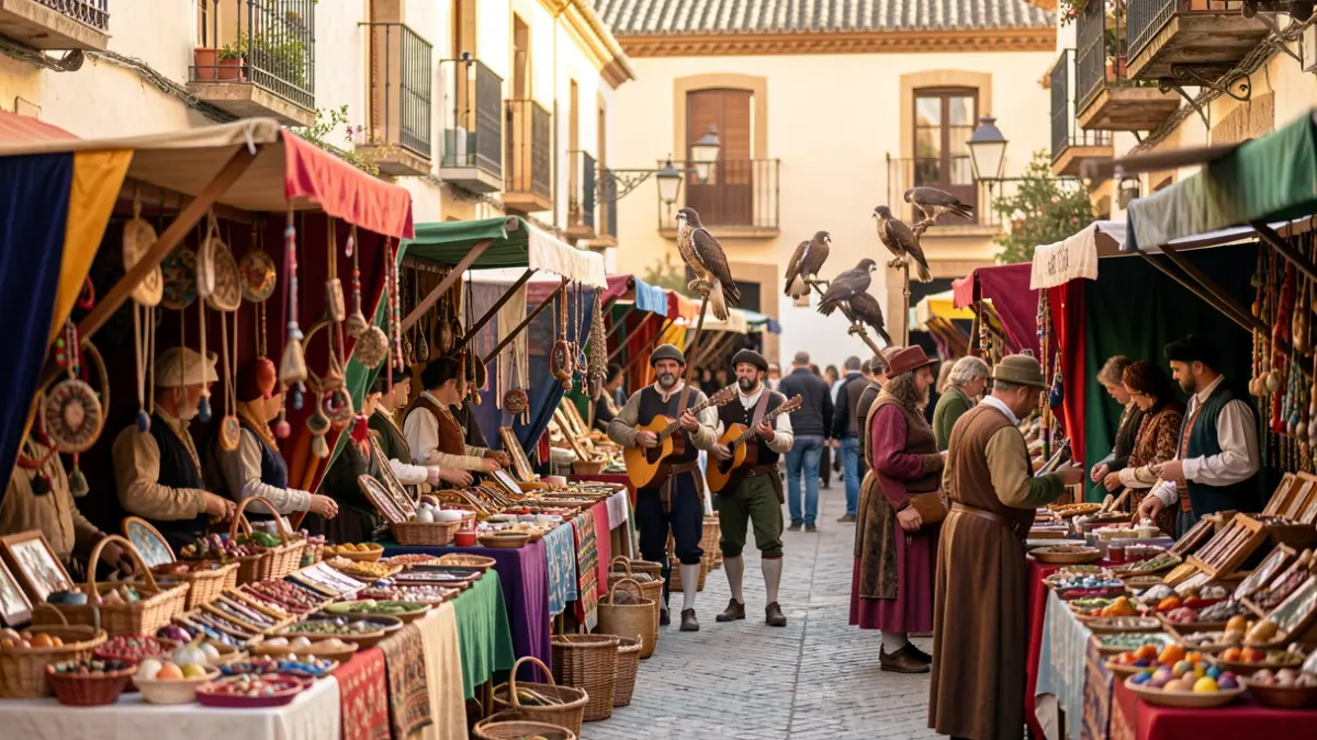 Imagen genérica de un mercado medieval con puestos de artesanía y cetrería en Lucena.