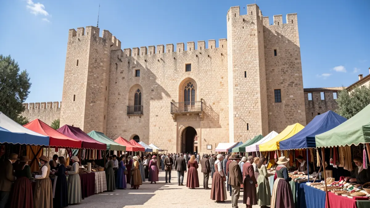 Fachada del Castillo del Moral en Lucena con mercado medieval y gente vestida de época.