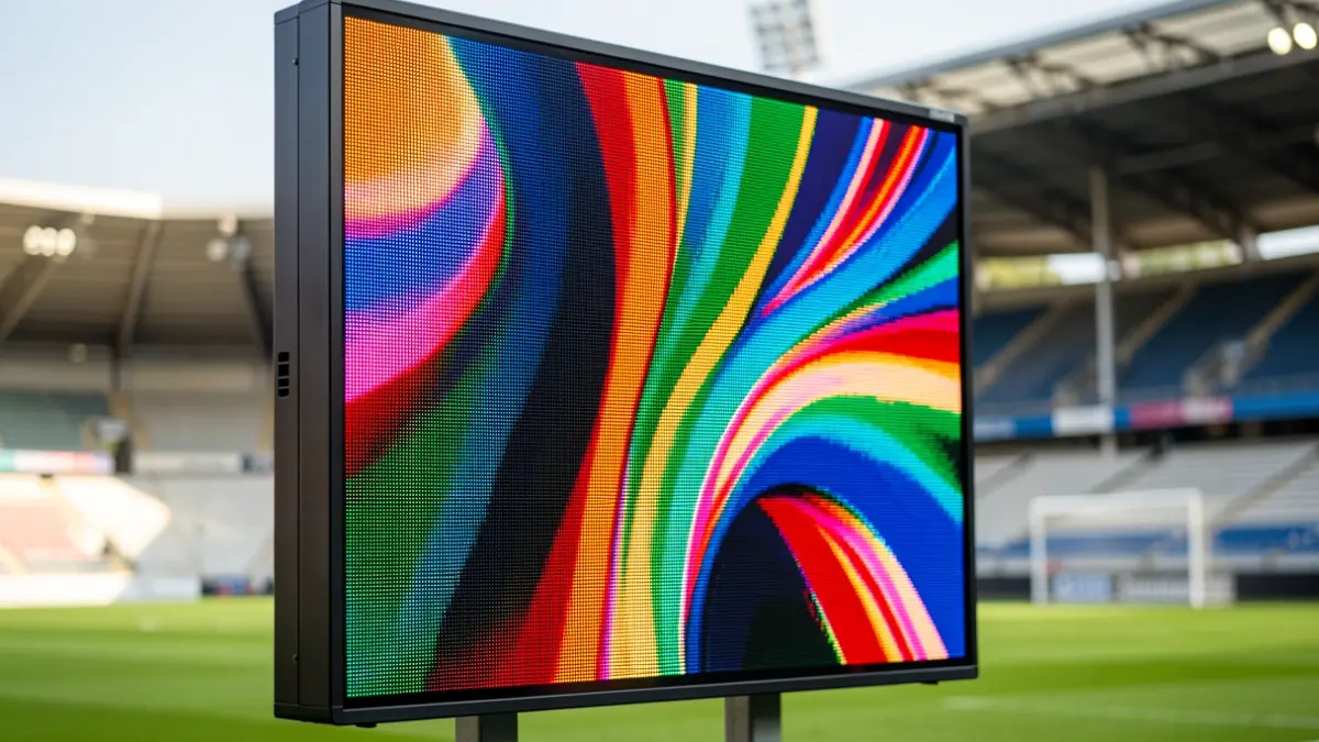 Primer plano de un marcador LED a color en un estadio de fútbol vacío.