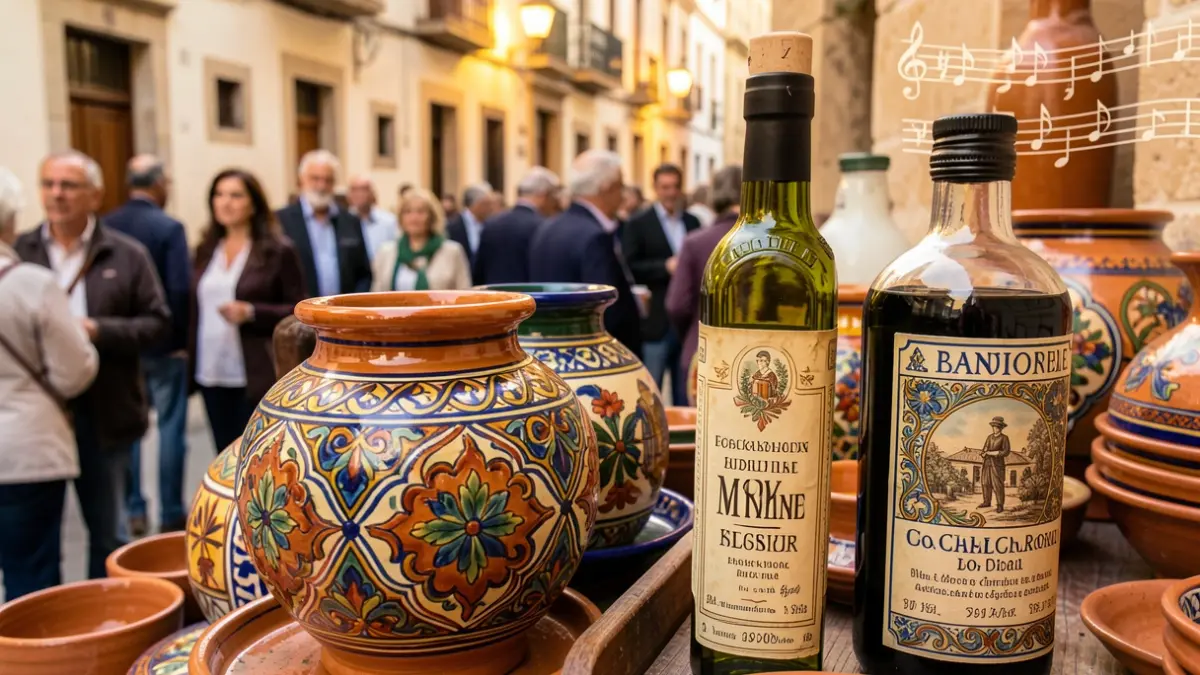 Generic image of artisanal ceramics, olive oil, and musical notes.
