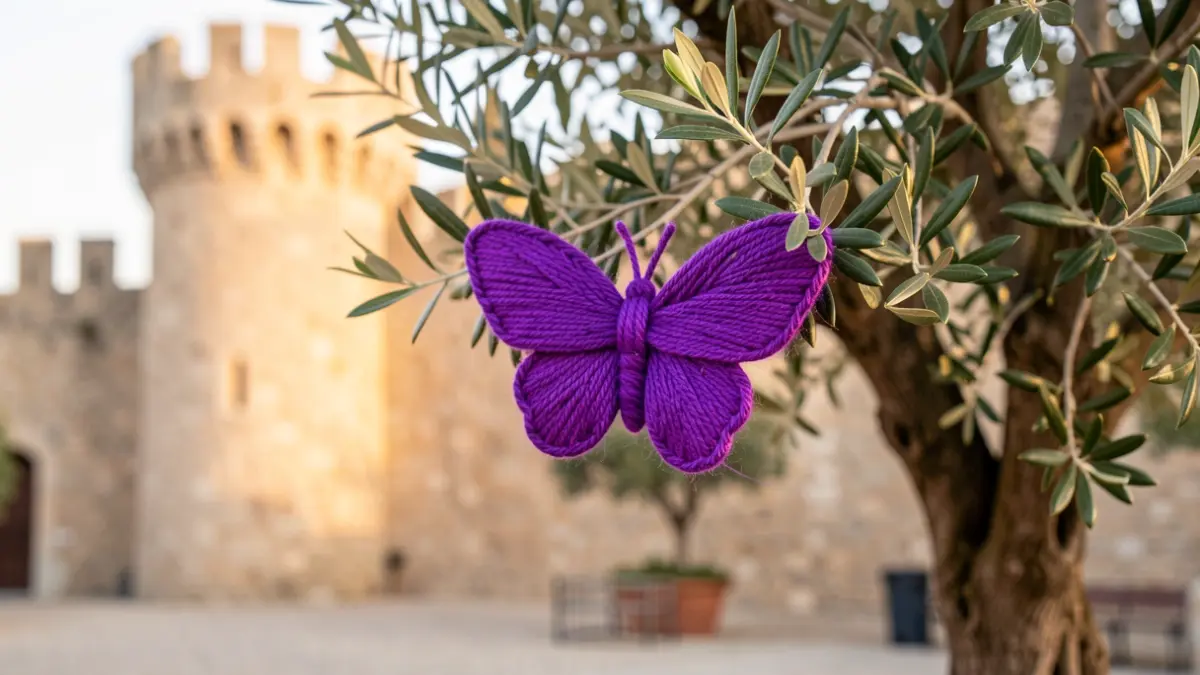 Generic image of a violet yarn butterfly on an olive tree branch.