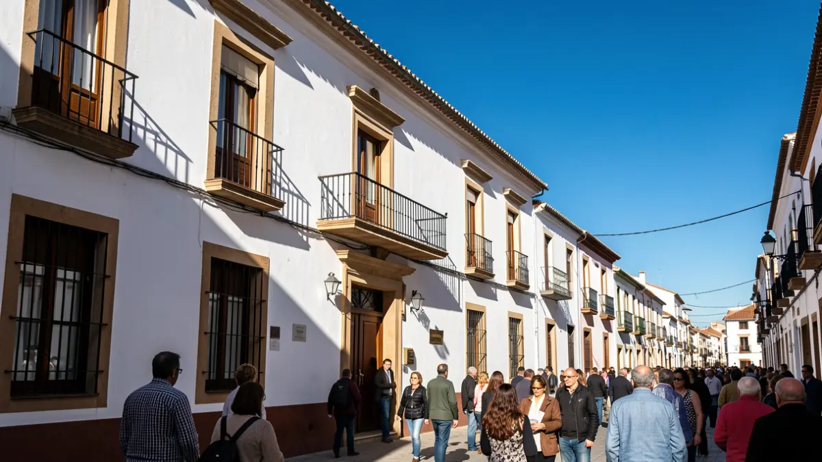 Imagen genérica de la fachada de un ayuntamiento andaluz con balcón bajo un cielo azul y sol intenso.
