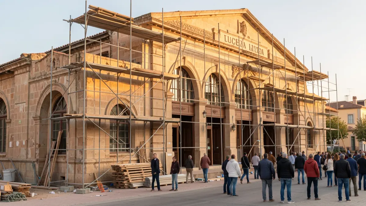 Fachada de la antigua estación de tren de Lucena en obras para convertirse en albergue turístico.
