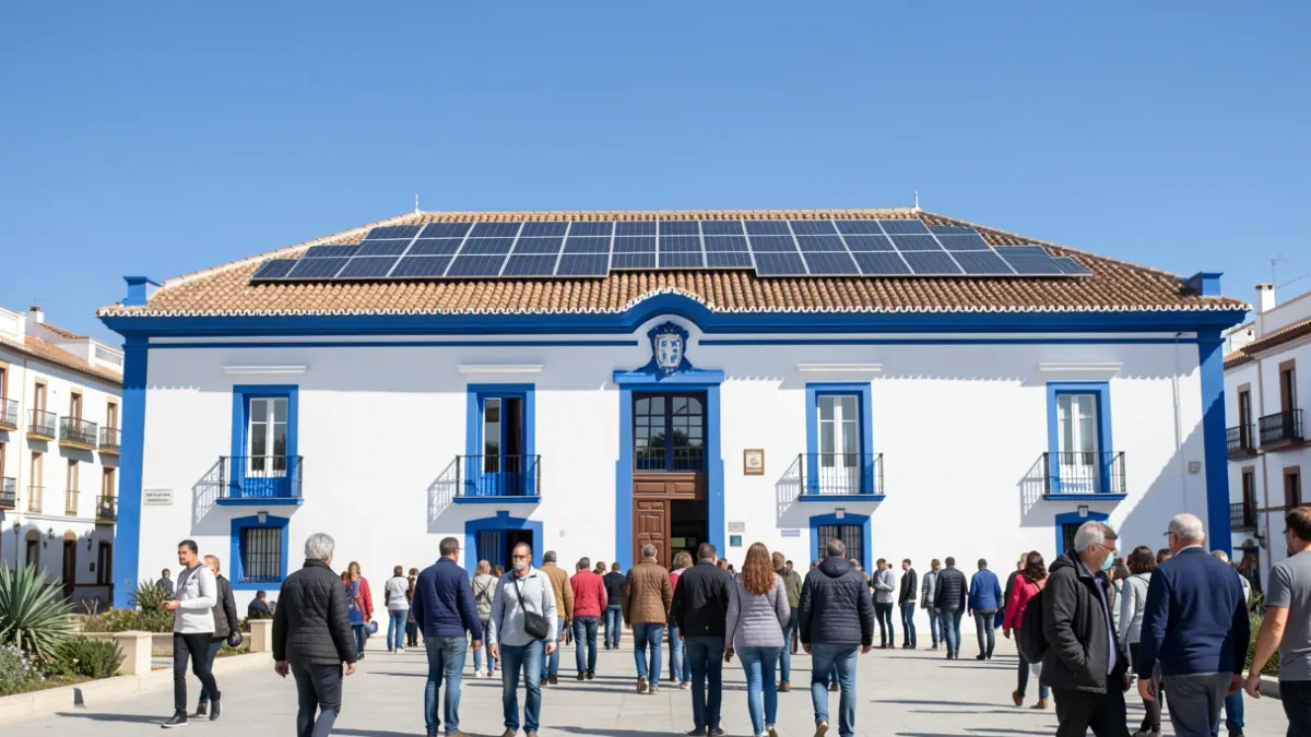 Facade of a public building in Andalusia with solar panels.