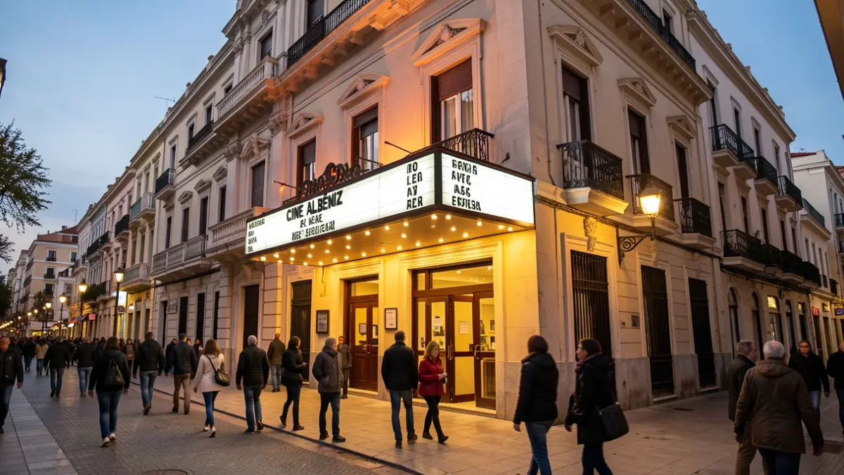 Fachada del Cine Albéniz en Málaga iluminada al atardecer.