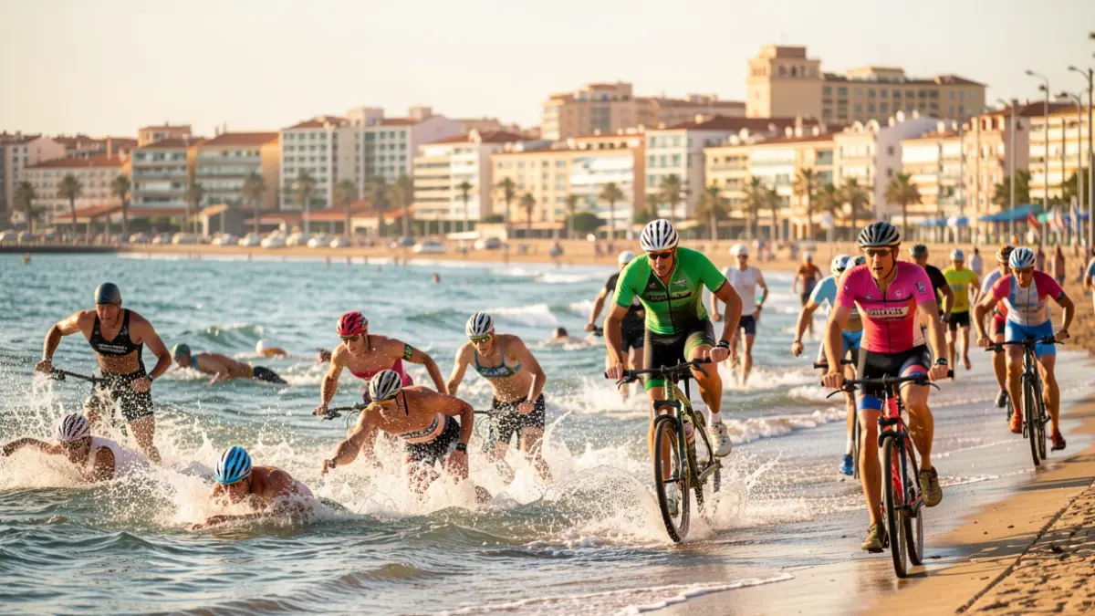 Generic image of a triathlon competition in Málaga, with the Mediterranean Sea and the city skyline in the background.