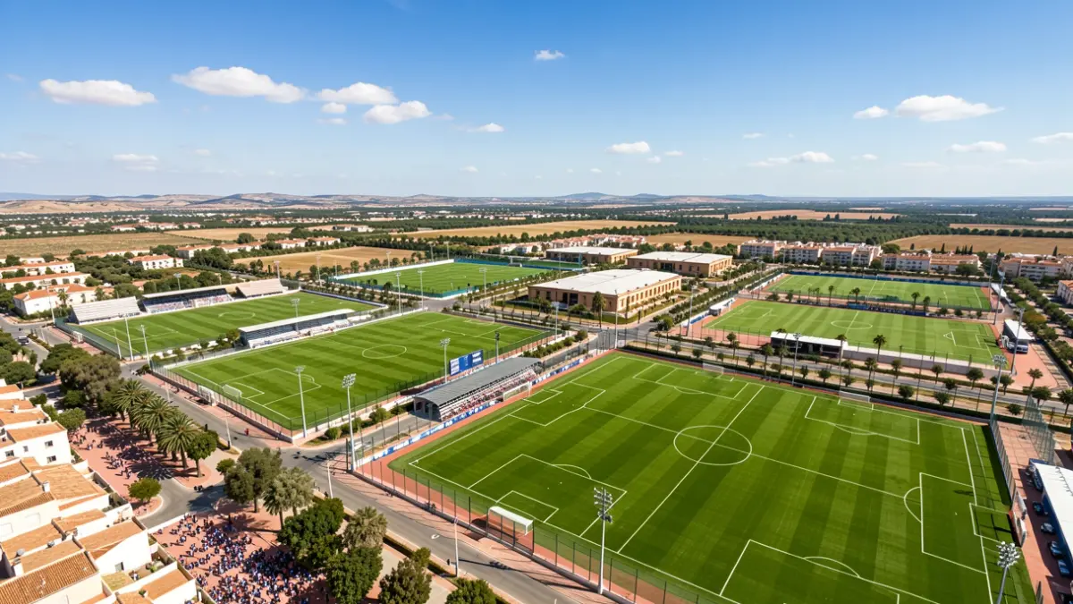 Generic image of an Andalusian sports complex with multiple fields under the sun.