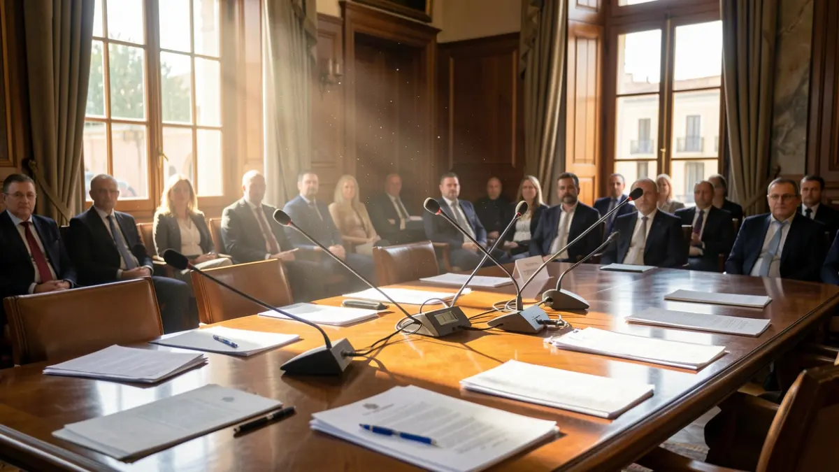 Image of an official meeting room at Malaga City Hall, with microphones and documents on the table.