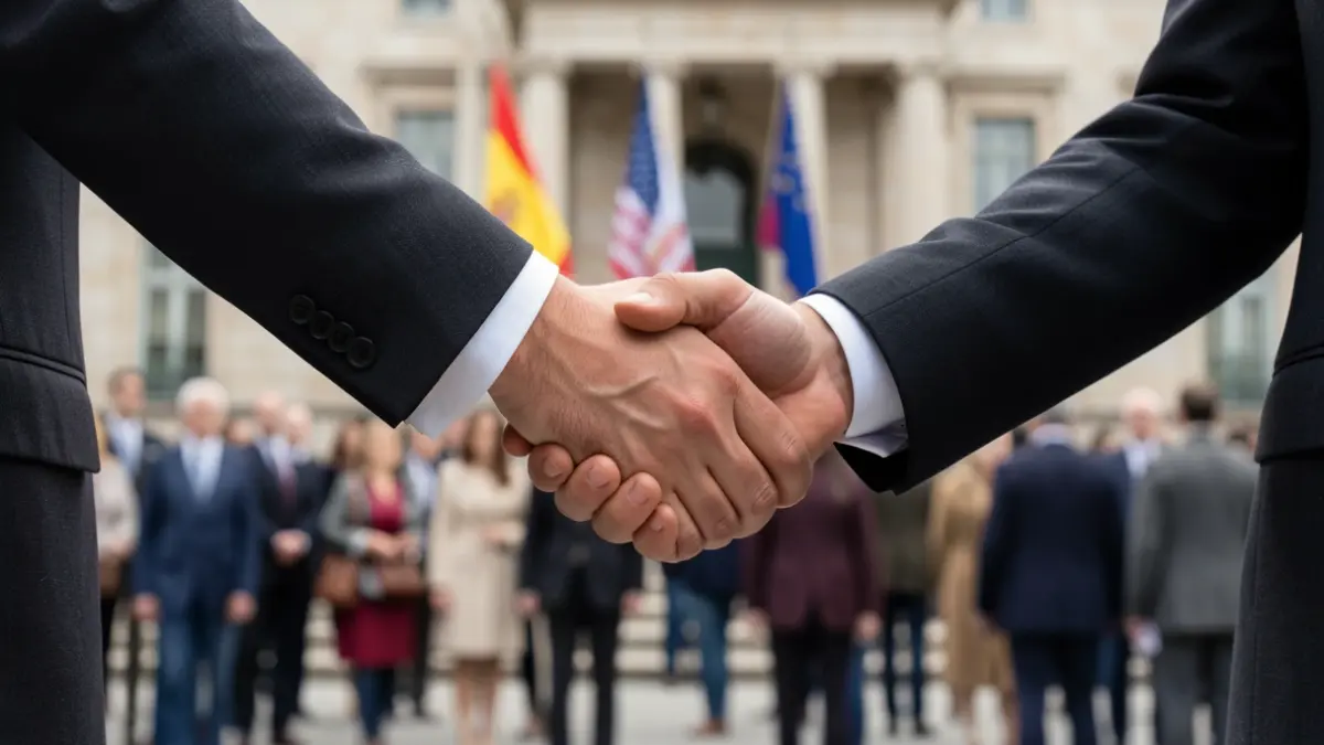 Generic image of a handshake between politicians in a government building.