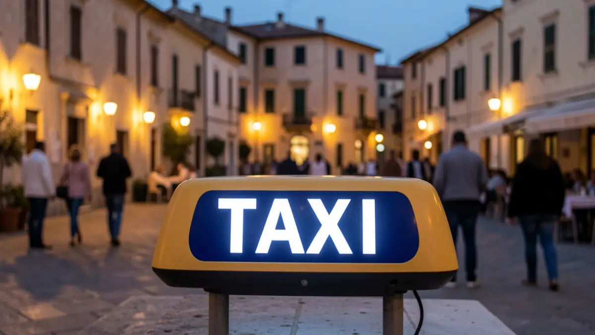 Illuminated taxi sign at dusk in a Manilva square.