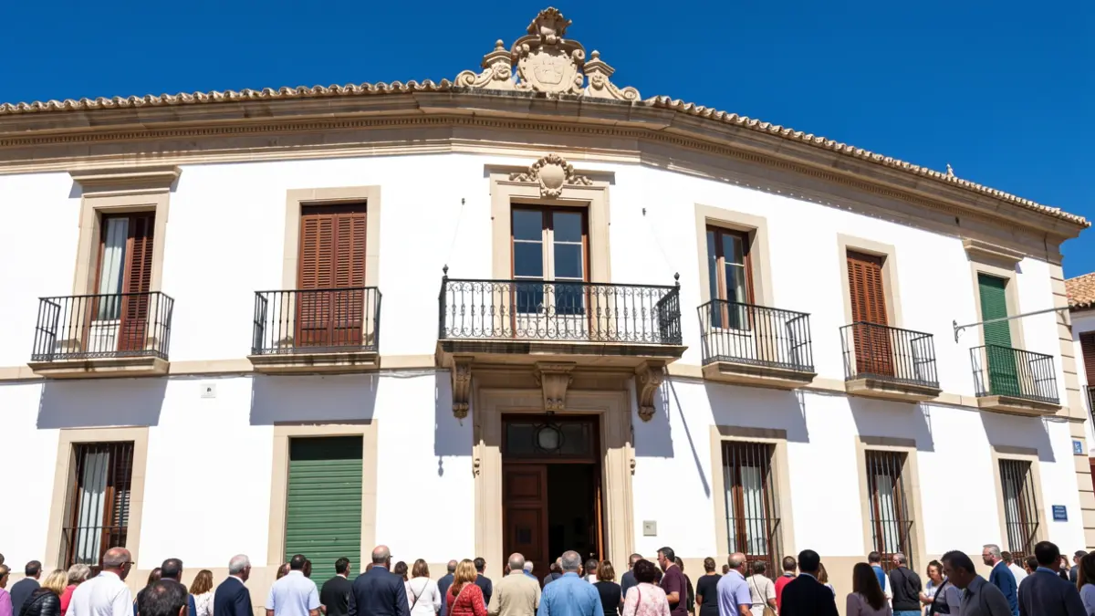 Facade of the Manilva Town Hall with a balcony and white walls under the sun.